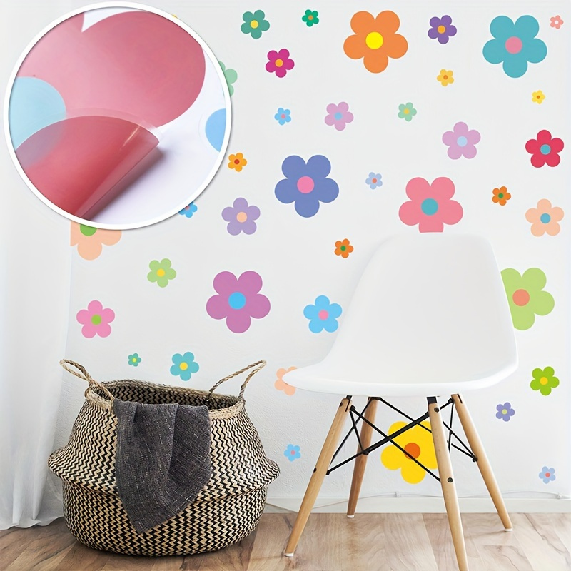 

63pcs 9 Sheets Spring Summer Retro Flower Wall Decal Window Clings, Self-adhesive Groovy Boho Flower Room Decals Colorful Wall Art Decor Pvc Stickers For Party Decor Supplies