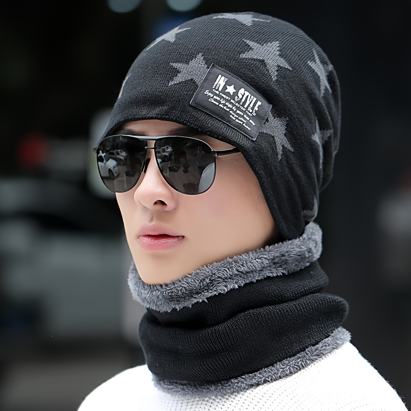 

2pcs/set Cotton Knitted Skullies & Beanies With Scarf For Men - Plus Velvet Warm Thickened Windproof Neck Warmer Set - Hand Washable Stretchable Winter Hat Combo Ideal For Gifts