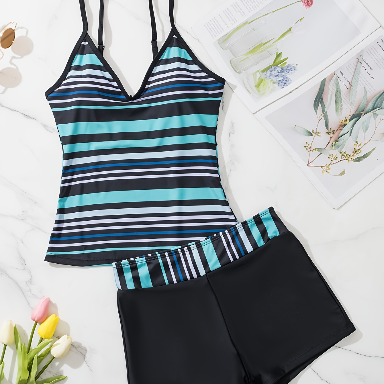 Colorblock Striped Print Tankini Sets Round Neck Spaghetti - Temu