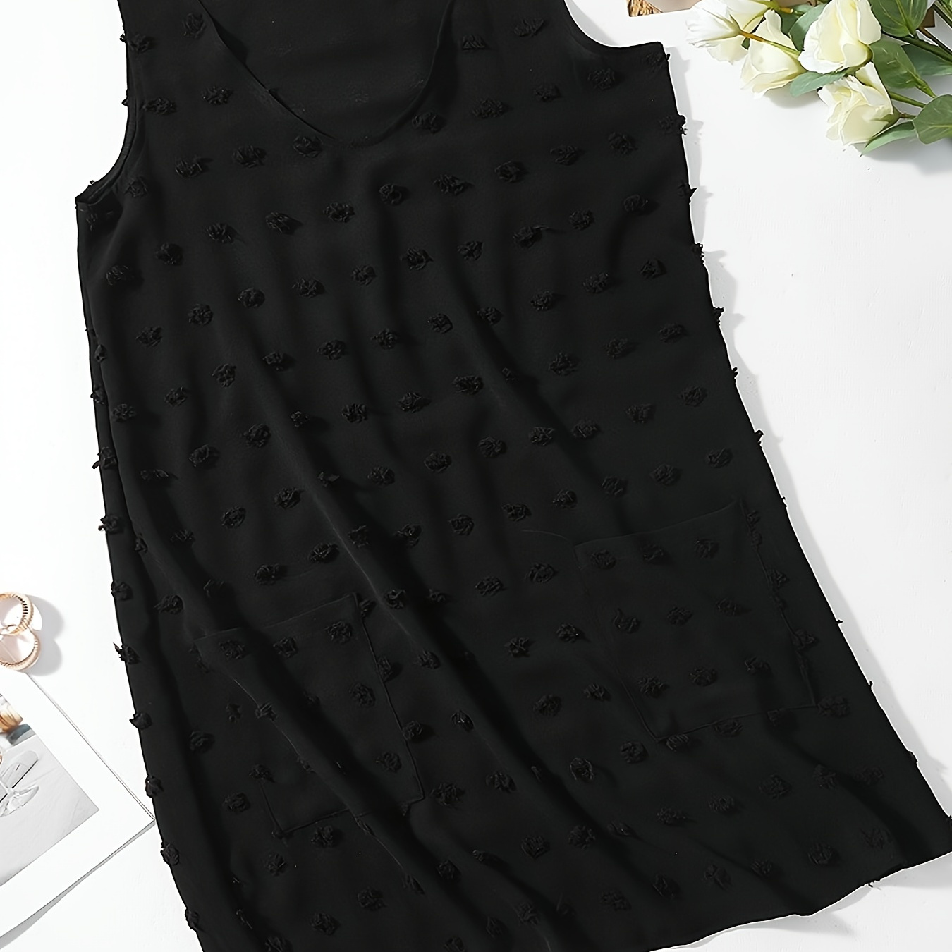 

Solid Black Jacquard Loose Cover Up Dress, Patch Pocket Scoop Neck Sleeveless Tank Dress, Women's Swimwear & Clothing For Holiday