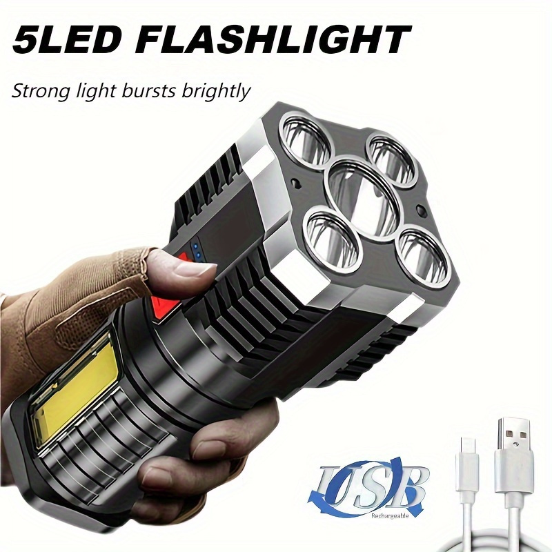 

5 Led Flashlight - Usb Rechargeable, Portable With Cob Side Light For Camping, Hiking & Emergency