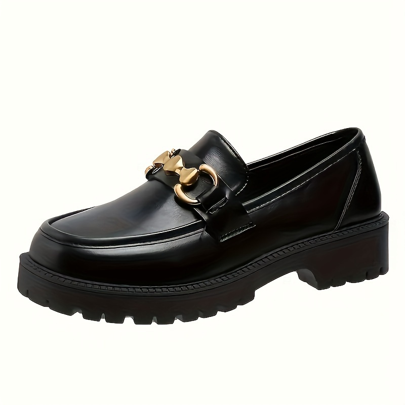 Women's Metallic Buckle Decor Loafers, All-Match Round Toe Slip On Shoes, Preppy Style Platform Loafers