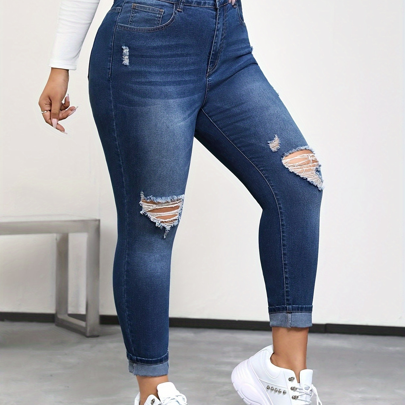 

Women's Plus Size High Waist Skinny Stretch Ripped Jeans Fashion Style, Elegant Distressed Denim Pants With Pockets, Casual Streetwear