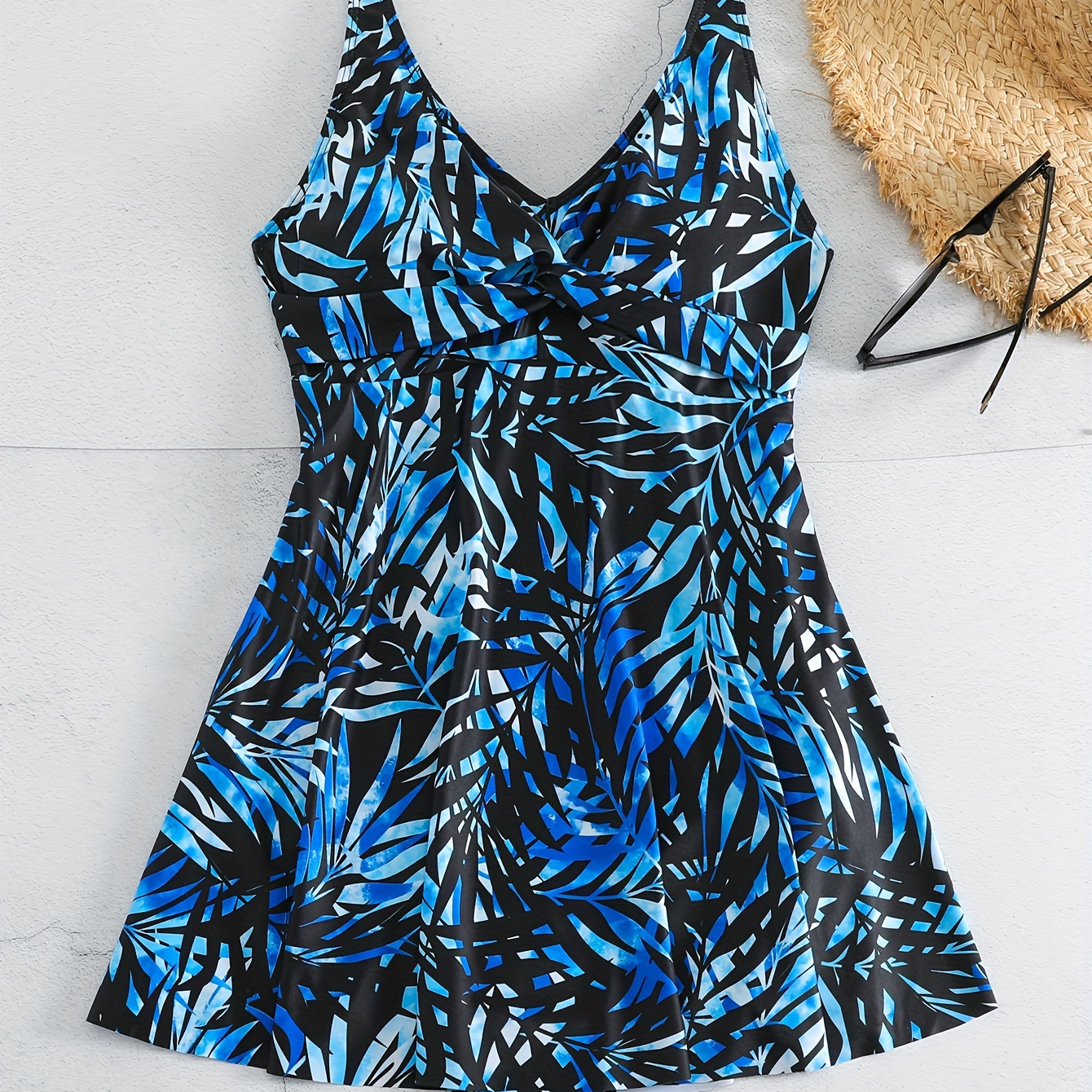 

Leaf Print One-piece Swimsuit, V Neck High Stretch Skirted Bathing Suits, Women's Swimwear & Clothing