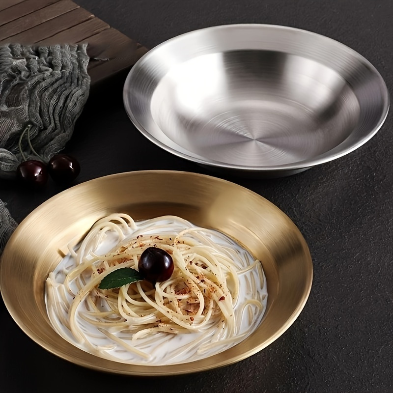 

1pc, Stainless Steel Korean Salad Bowl, Multi-purpose Salad Bowl And Plate, Simple Pasta Bowl And Plate, Multi-purpose Fruit Plate And Meal Plate, Straw Hat Bowl, Kitchen Supplies, Kitchen Essentials