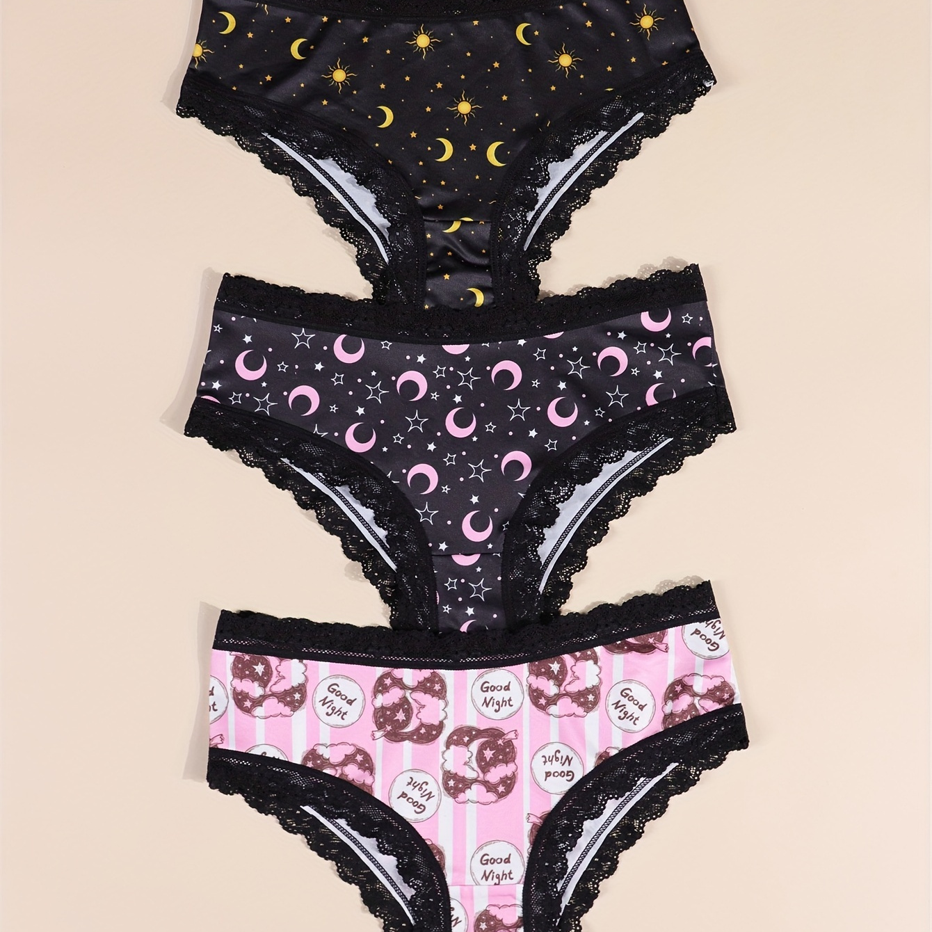 

3pcs Romantic Contrast Lace Trims Hipster Panties Set, Boho Style Allover Scattering Of Stars & Moons & Planet & Night Sky & Constellations Print Intimates Brief Panties, Women's Underwear & Lingerie