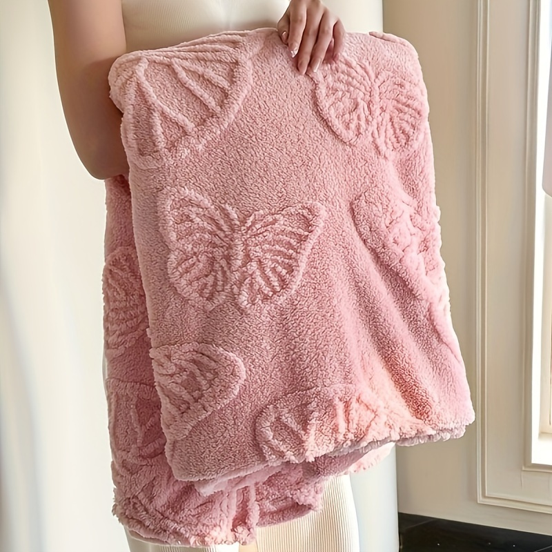 

Preppy Style Pink Butterfly Patterned Flannel Throw Blanket, Double-sided Velvet Soft Embossed Geometric Design, Animal Theme All-season Knitted Polyester Bed Cover For Office And Nap