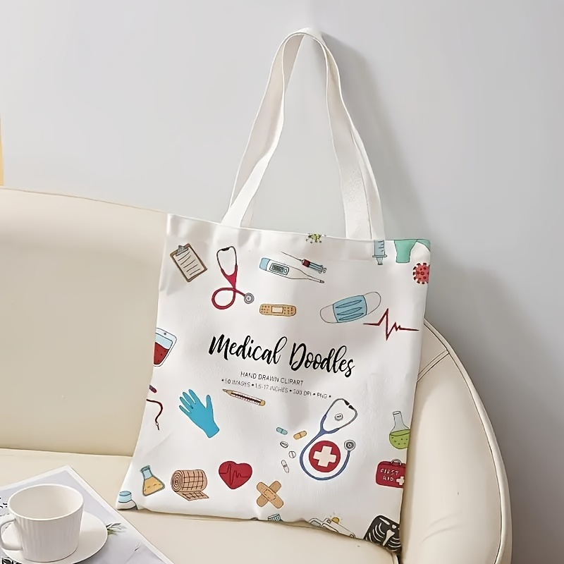 

Medical Supplies Pattern Printed Casual Tote Bag, Reusable Fashionable Bag, Multi Functional Handbag, Printed Shopping Bag