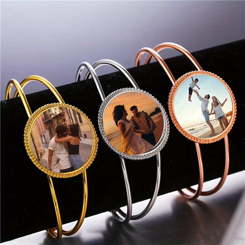 

1pc Customized Photo Charm Bangle Bracelet, Round Alloy Time Gem Base, Elegant & Hip Hop Style, Adjustable Open Cuff Jewelry, Perfect Gift For Women On Mother's Day, Nurse's Day