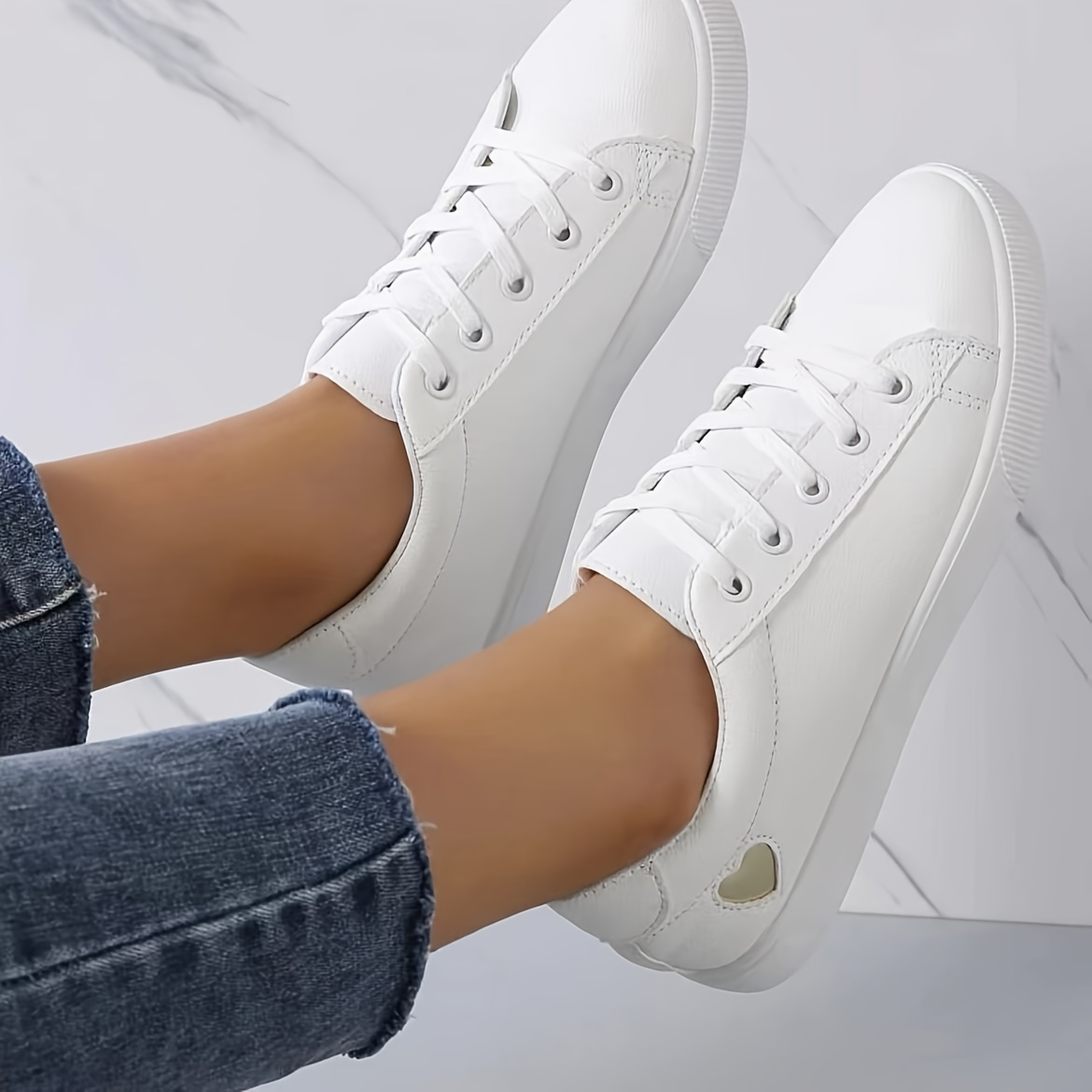 

Women's Flat White Shoes With Heart Detail, Fashion Lace Up Low Top Sneakers, Lightweight Versatile Student Shoes