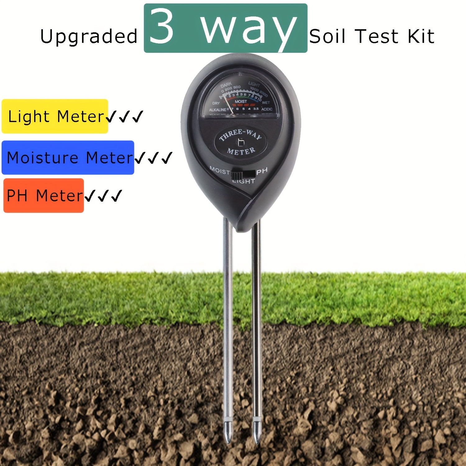 Soil pH Meter, 3-in-1 Soil Test Kit For Moisture, Light & pH, A Must Have  For Home And Garden, Lawn, Farm, Plants, Herbs & Gardening Tools