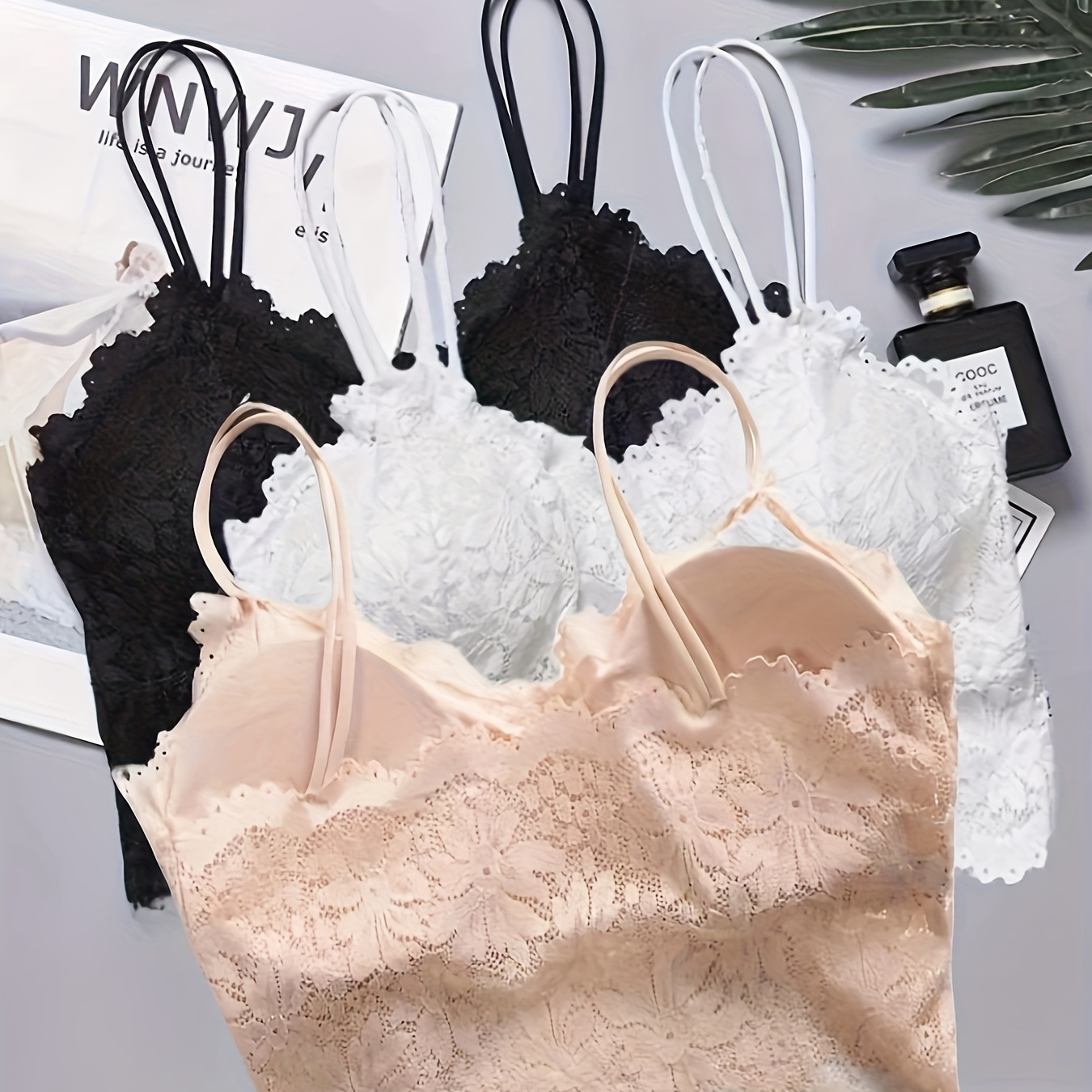 3pcs Floral Lace Cami Tops, Elegant V Neck Scallop Trim Top, Women's Lingerie & Underwear