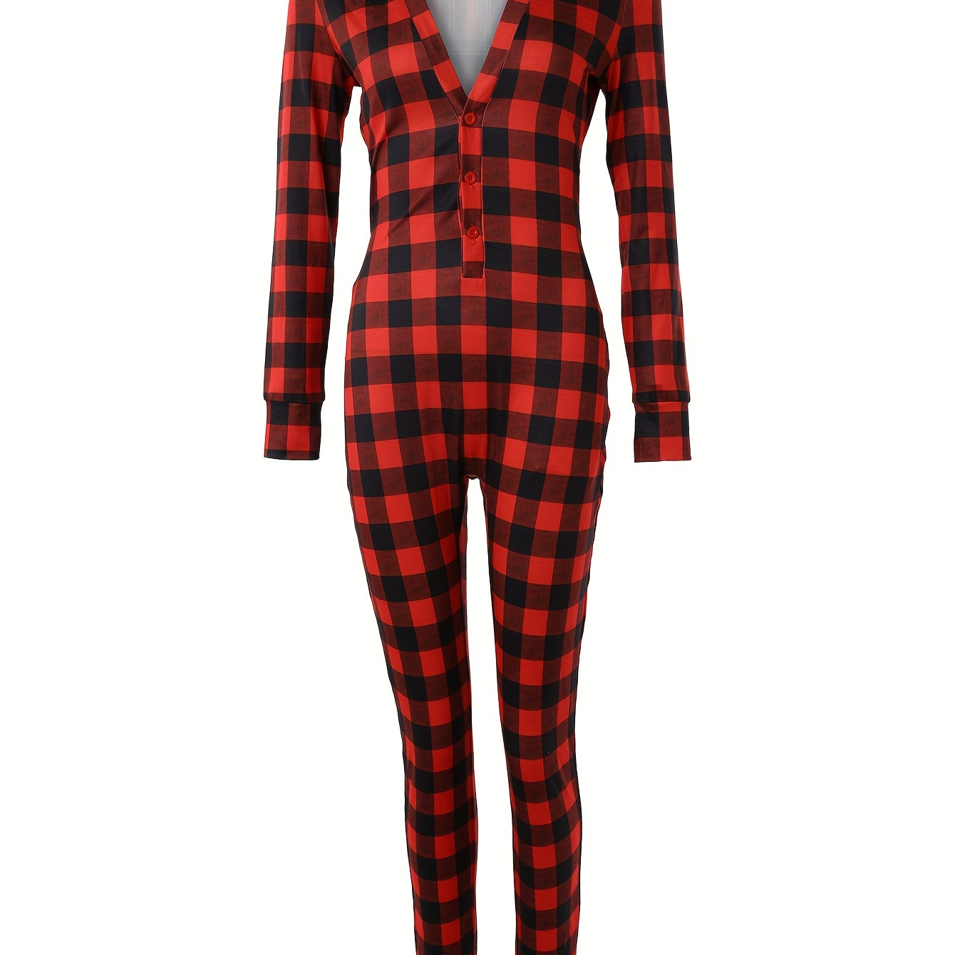 

Christmas Elk Print Pajama Jumpsuit, Long Sleeve V Neck Buttons Plaid Pajamas, Women's Lingerie & Sleepwear