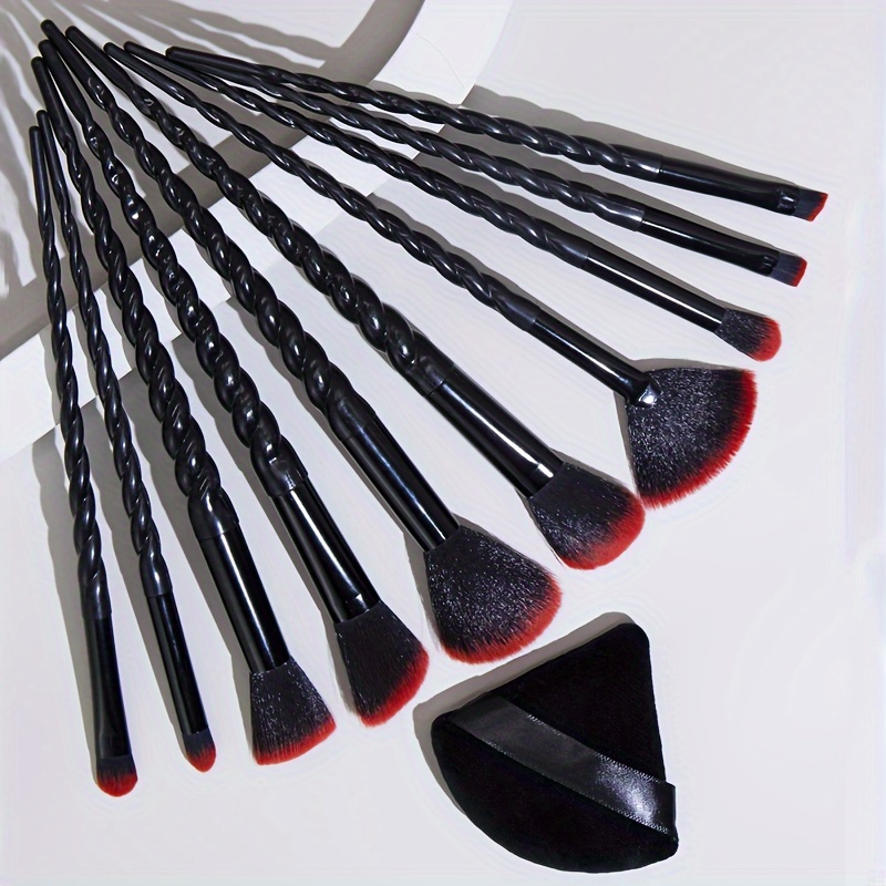 

10pcs Red And Black Makeup Eye Brushes Set With 1pc Makeup Puff! Spiral Unicorn Handle Makeup Brushes With Soft Synthetic Hairs! Cosmetic Brushes For Eyeshadow Eyeliner Blush Brush Tool!