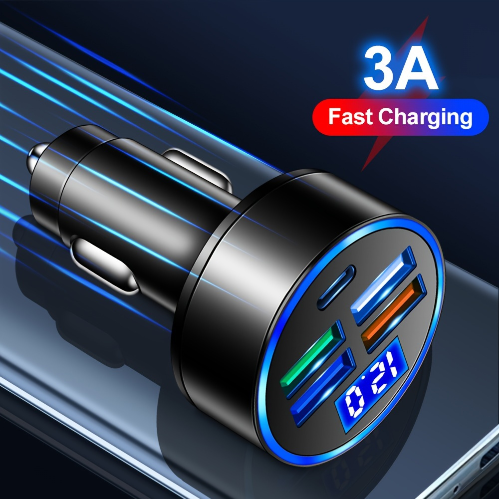 TEMU 3.1a 4usb With Type-c Car Led Digital Display Car Charger Volt Meter Car Battery Monitor With Led Voltage & Amps Display