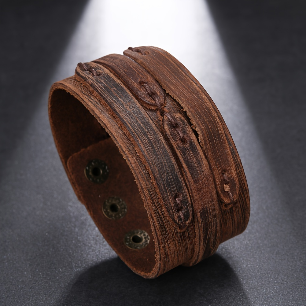 

Adjustable Men' Genuine Leather Bracelet - Chic Wide Cuff With Decorative Metal Buttons, Fashion Accessory