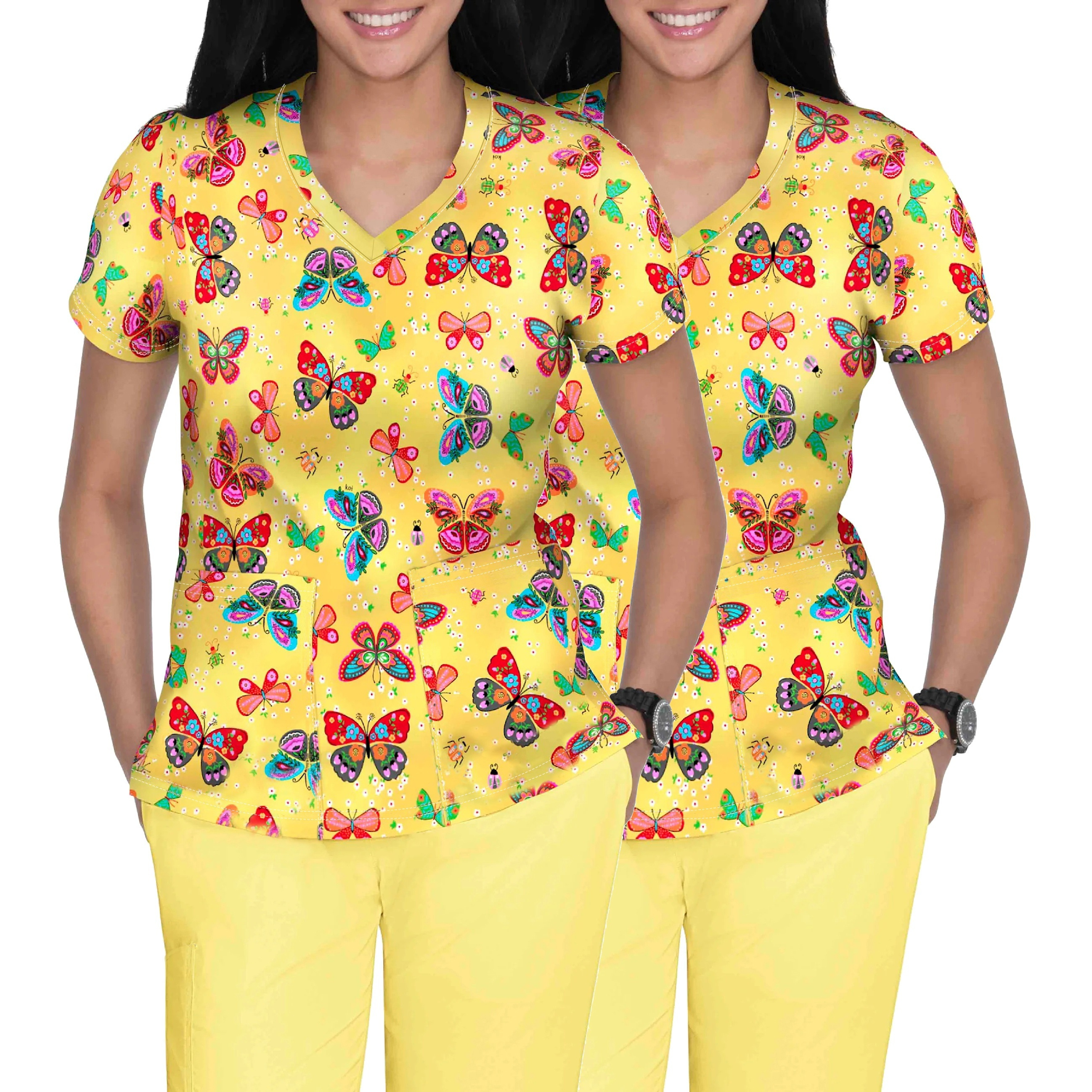 

2pcs Chic Butterfly Print V-neck Scrub Tops For Women - Short Sleeve, Stretchy Nylon Blend, Machine Washable - Nurses & Professionals