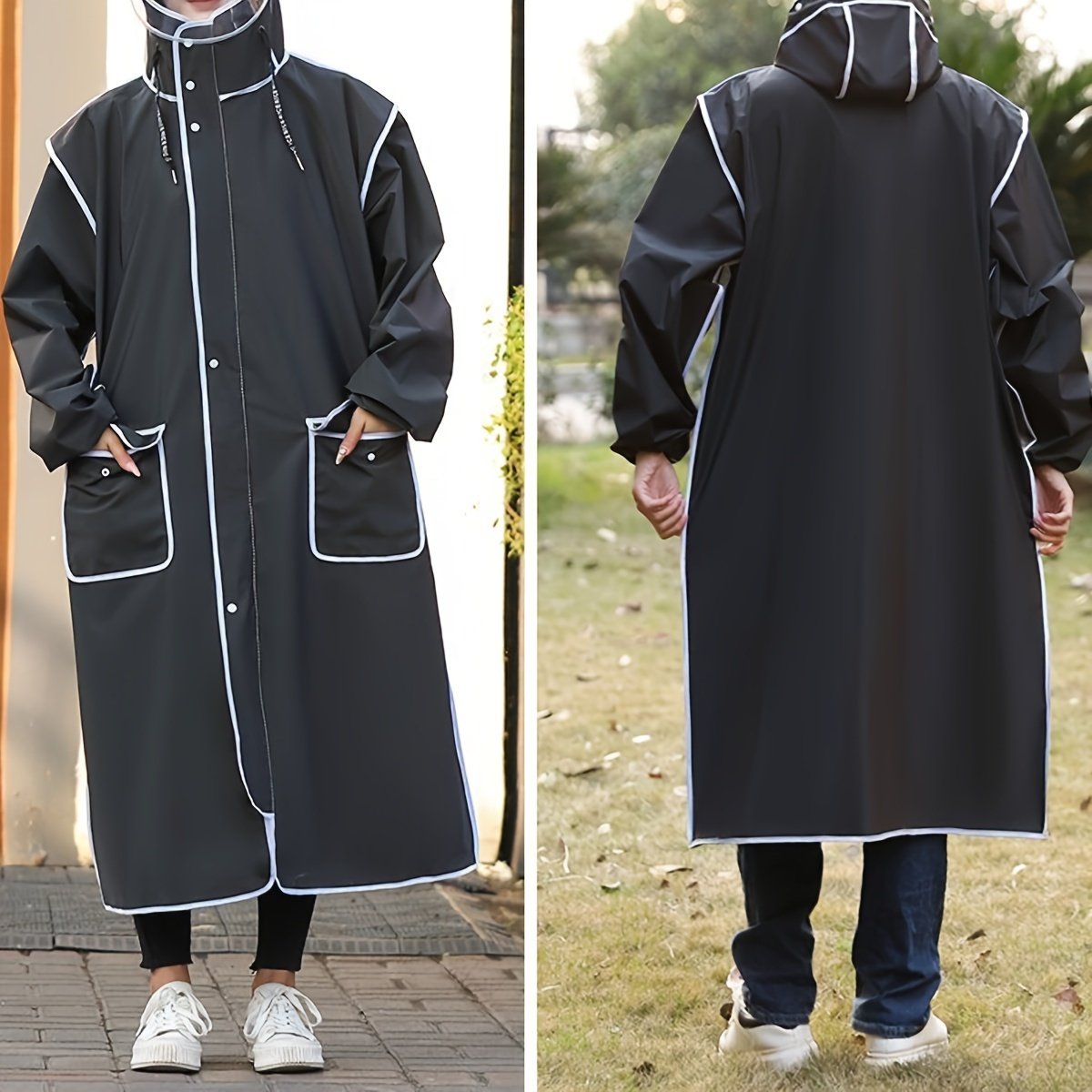 

1/2pcs Men's Solid Color Waterproof Hooded Rain Coats With Multi Pockets & Bottons, Comfy Casual Durable