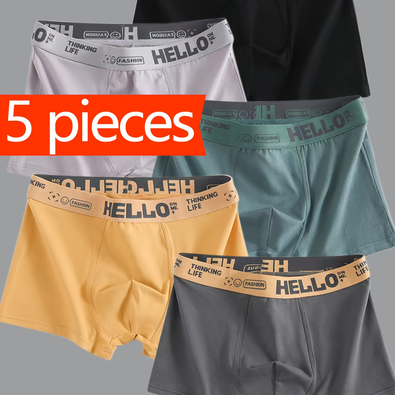 

5pcs Men's Boxer Briefs - Breathable, Stretchy Polyester-spandex , "hello" Waistband, Assorted Colors, Ideal For Sports & Fitness