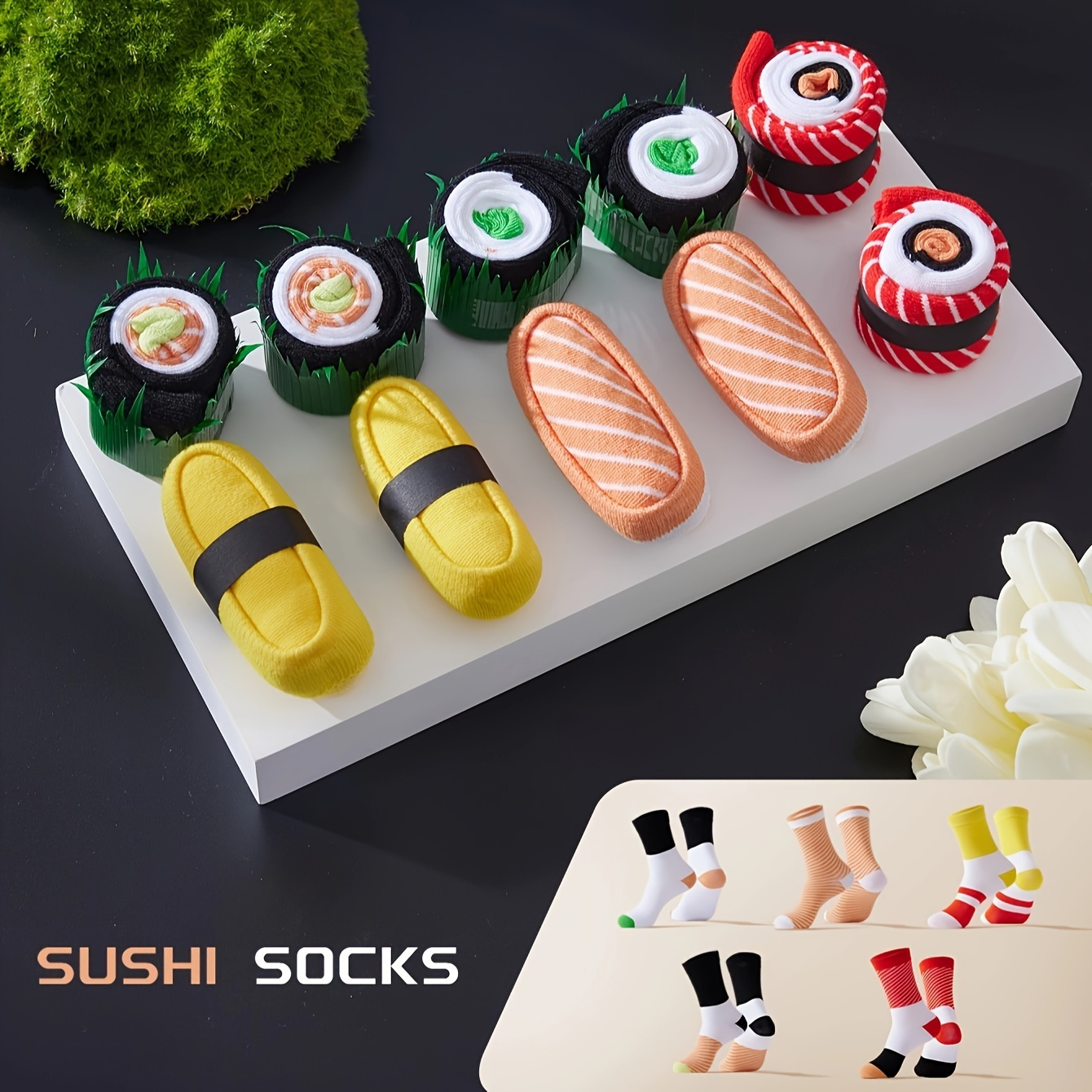 

5 Pairs Of Men's Fashion Fun Pattern Crew Socks With Sushi Design, Comfy & Breathable Elastic Socks, For Gifts, Parties And Daily Wearing