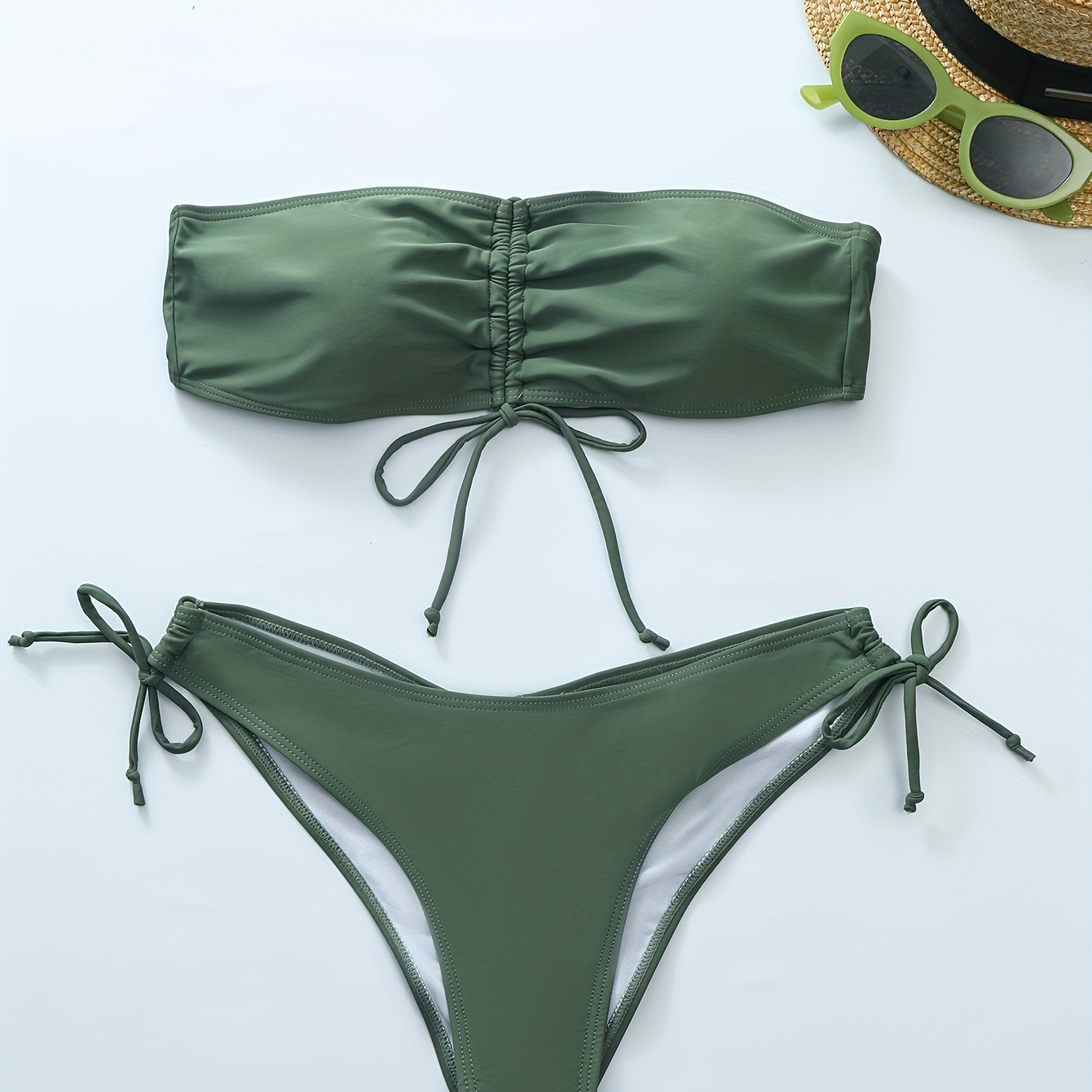 

Solid Color Bandeau 2 Piece Set Bikini, Tube Top Drawstring Tie Front Tie Side High Cut Swimsuits, Women's Swimwear & Clothing