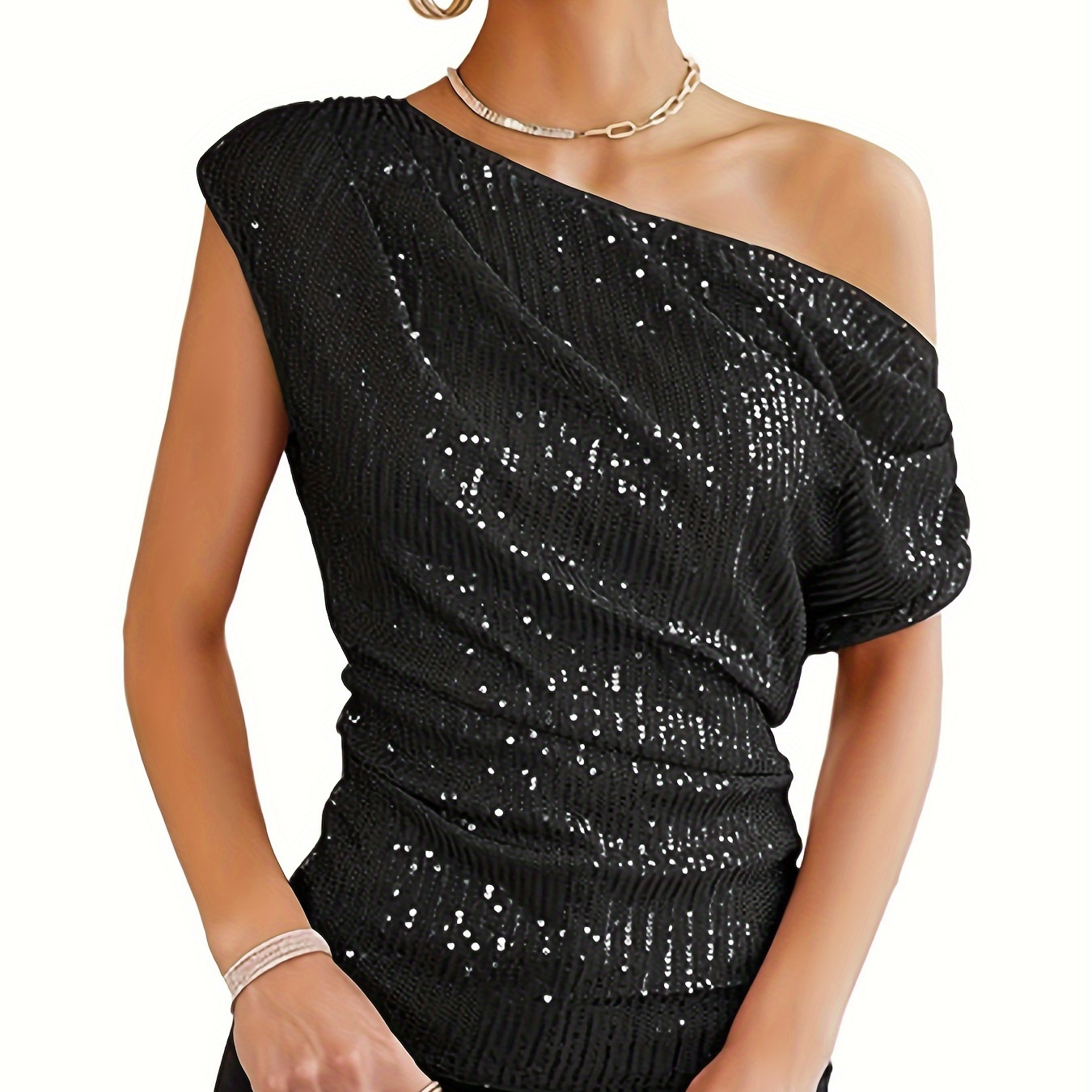 

Sequin Decor Cold Shoulder T-shirt, Casual Short Sleeve Top For , Women's Clothing