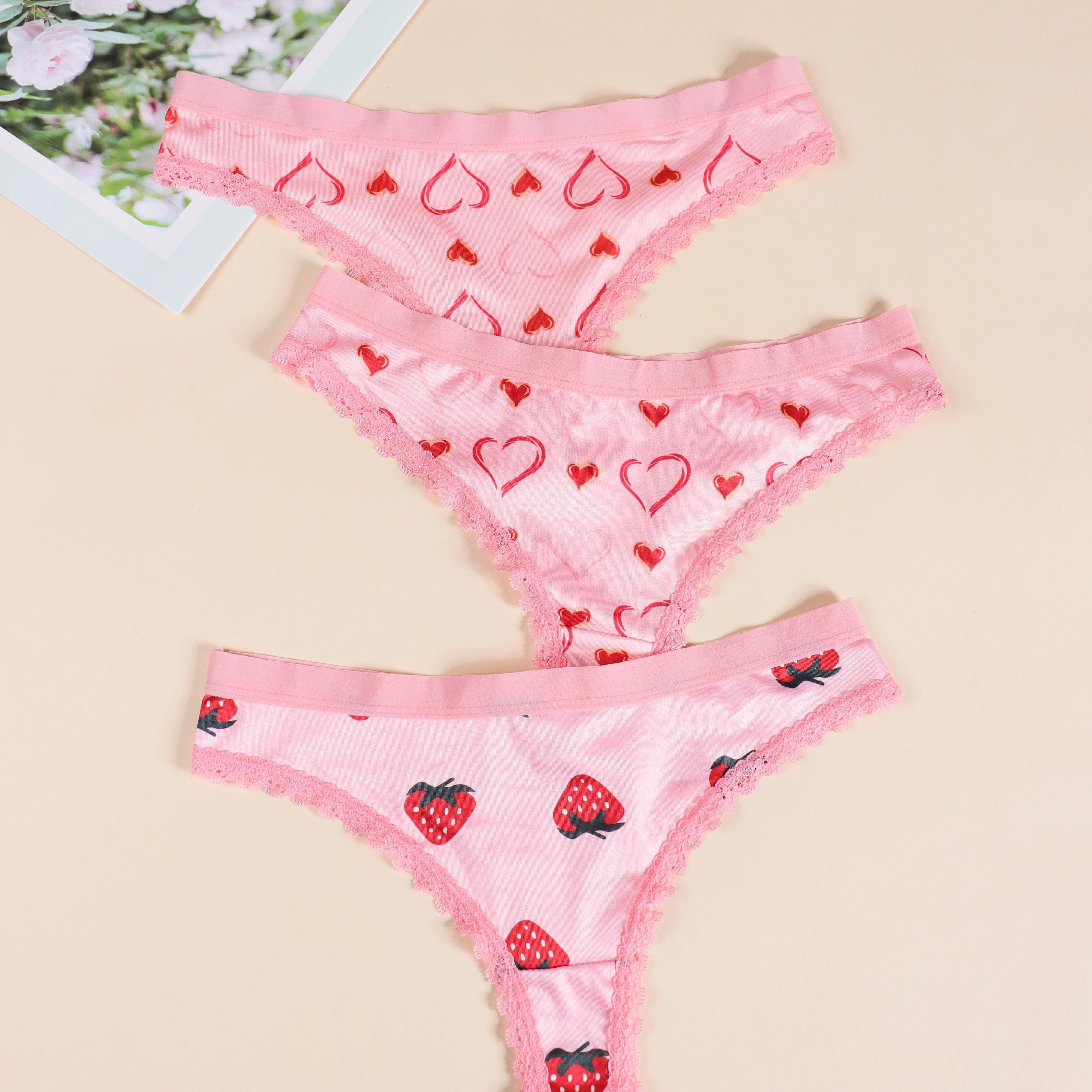 

3pcs Fruit & Heart Print Thongs, Sexy Low Waist Stretch Intimates Panties, Women's Lingerie & Underwear