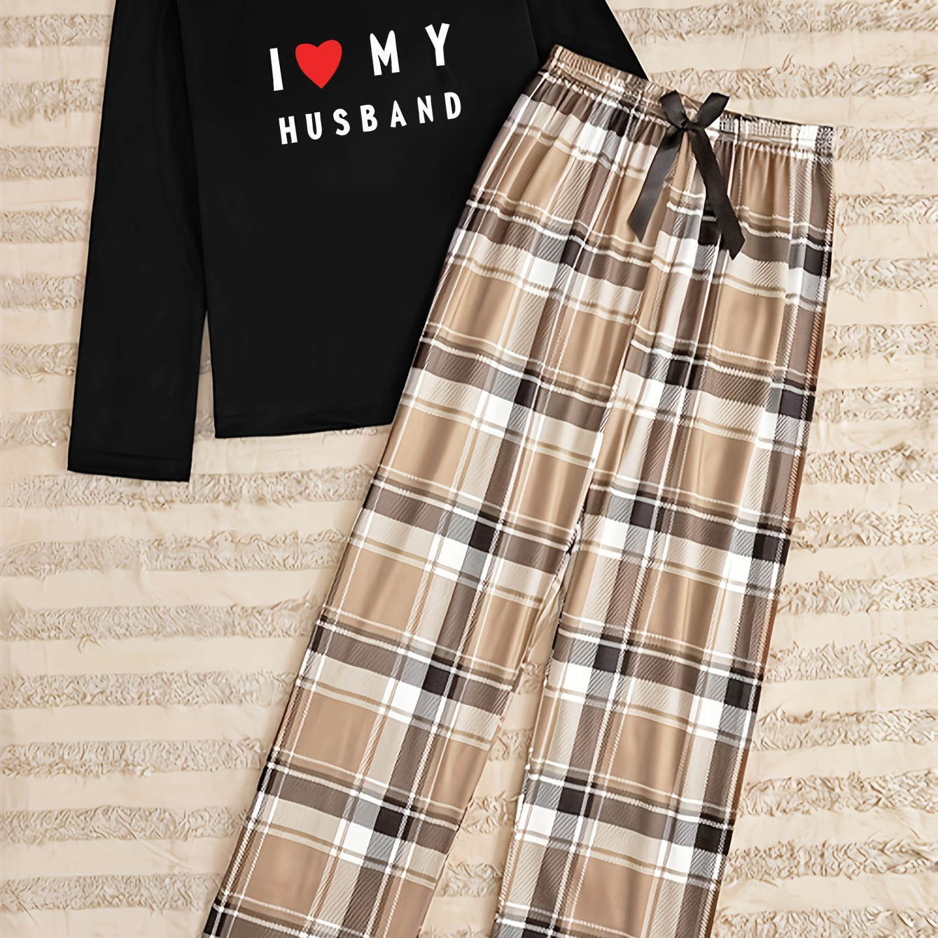 

1pc Women's "i Love My Husband" Letter Print Long Sleeve Top And Pants Pajama Set, Comfortable Breathable Soft Knit Fabric, Crew Neck, Polyester, With Bow Detail, For Sleepwear
