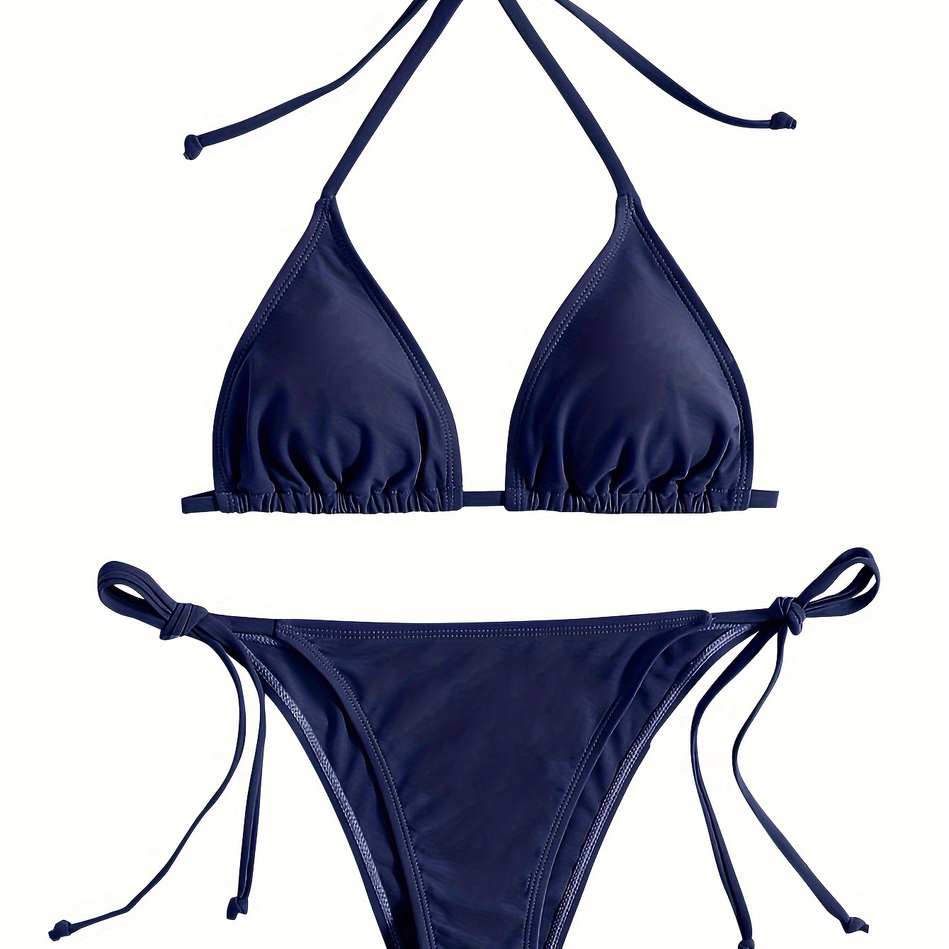 

Ensemble bikini 2 pièces triangle bleu marine uni avec bretelles nouées au dos et dos, maillots de bain et vêtements pour femmes