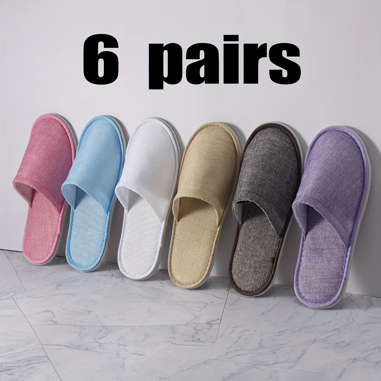 

6 paires de pantoufles jetables de couleur unie, chaussures plates à enfiler décontractées, pantoufles confortables pour la maison