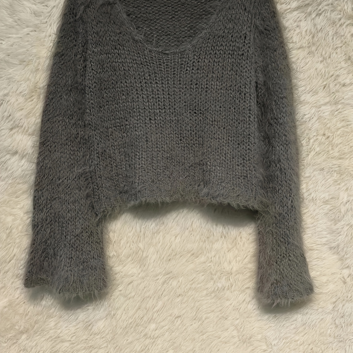 

Solid Color V Neck Fluffy Sweater, Casual Long Sleeve Sweater For Fall & Winter, Women's Clothing