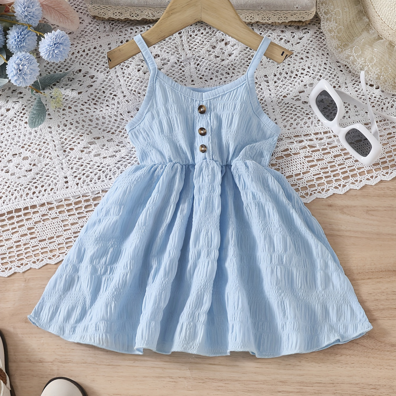 

Baby's Button Decor Solid Color Cami Dress, Trendy Textured Sleeveless Dress, Infant & Toddler Girl's Clothing For Summer, As Gift