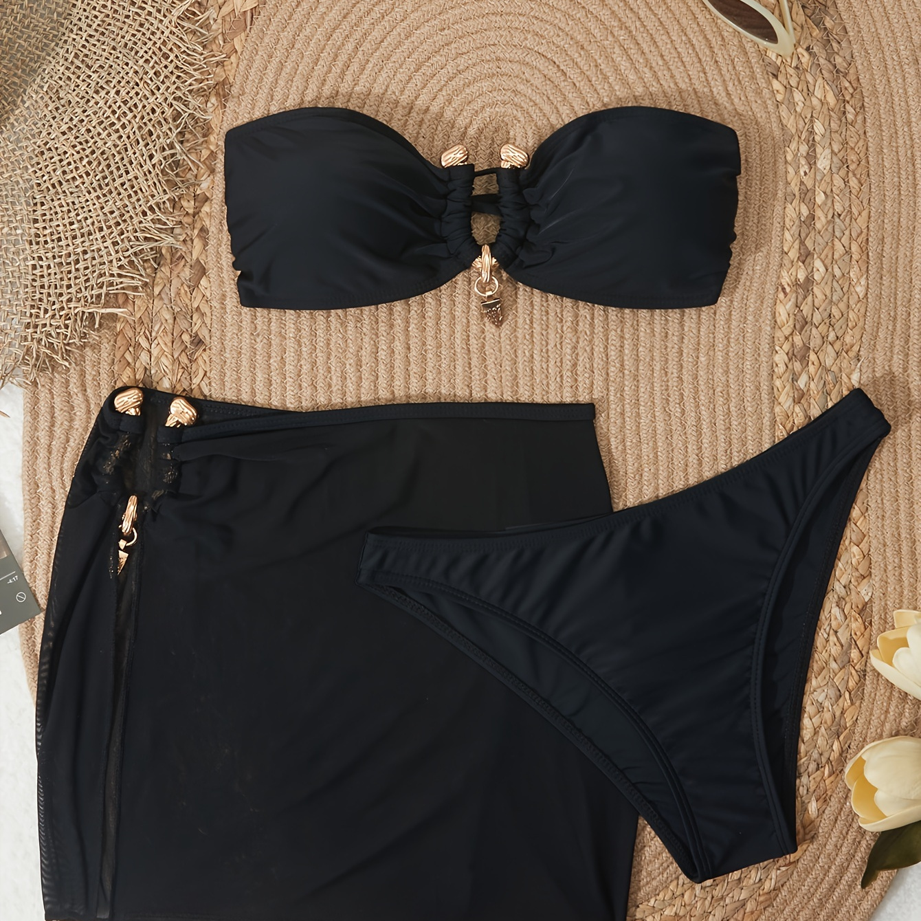 

Bandeau Bikini Set With Sheer Elegant 3-piece Swimwear For Vacation, Beach, Strapless Swimsuit With Side Tie Skirt