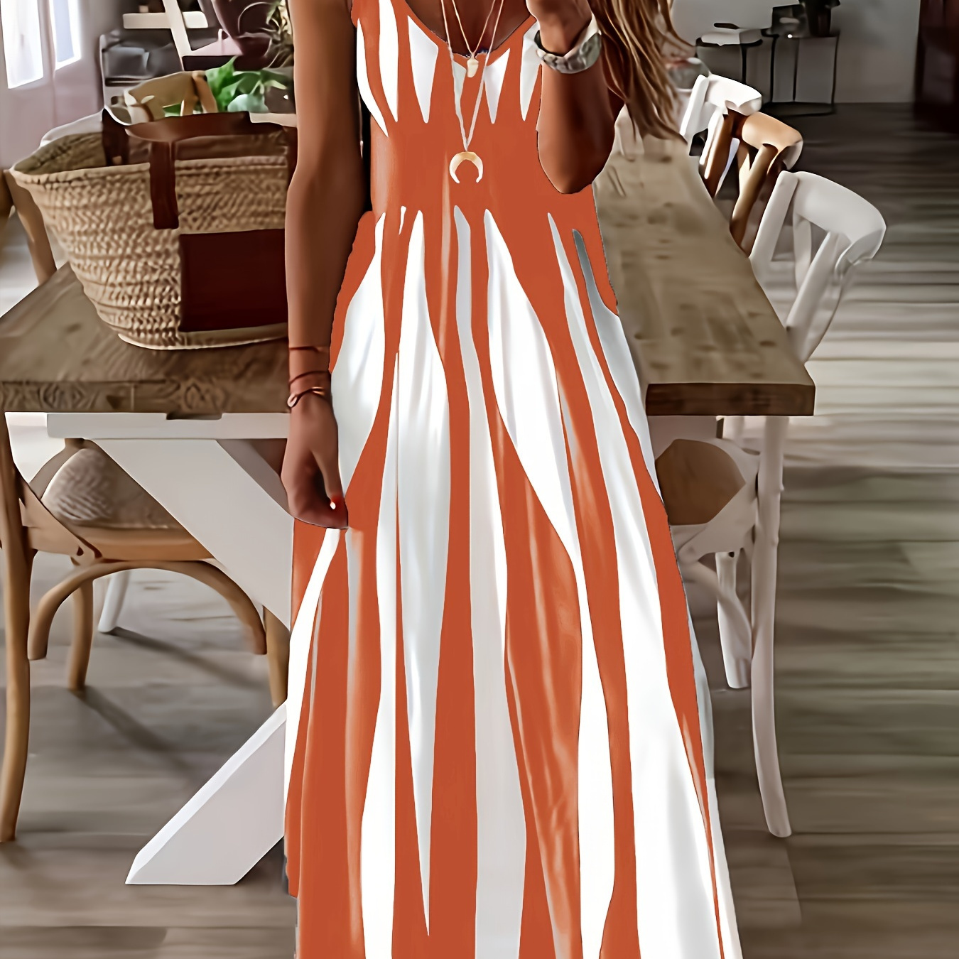 

Geo Print V Neck Dress, Casual Spaghetti Strap Sleeveless Dress, Women's Clothing