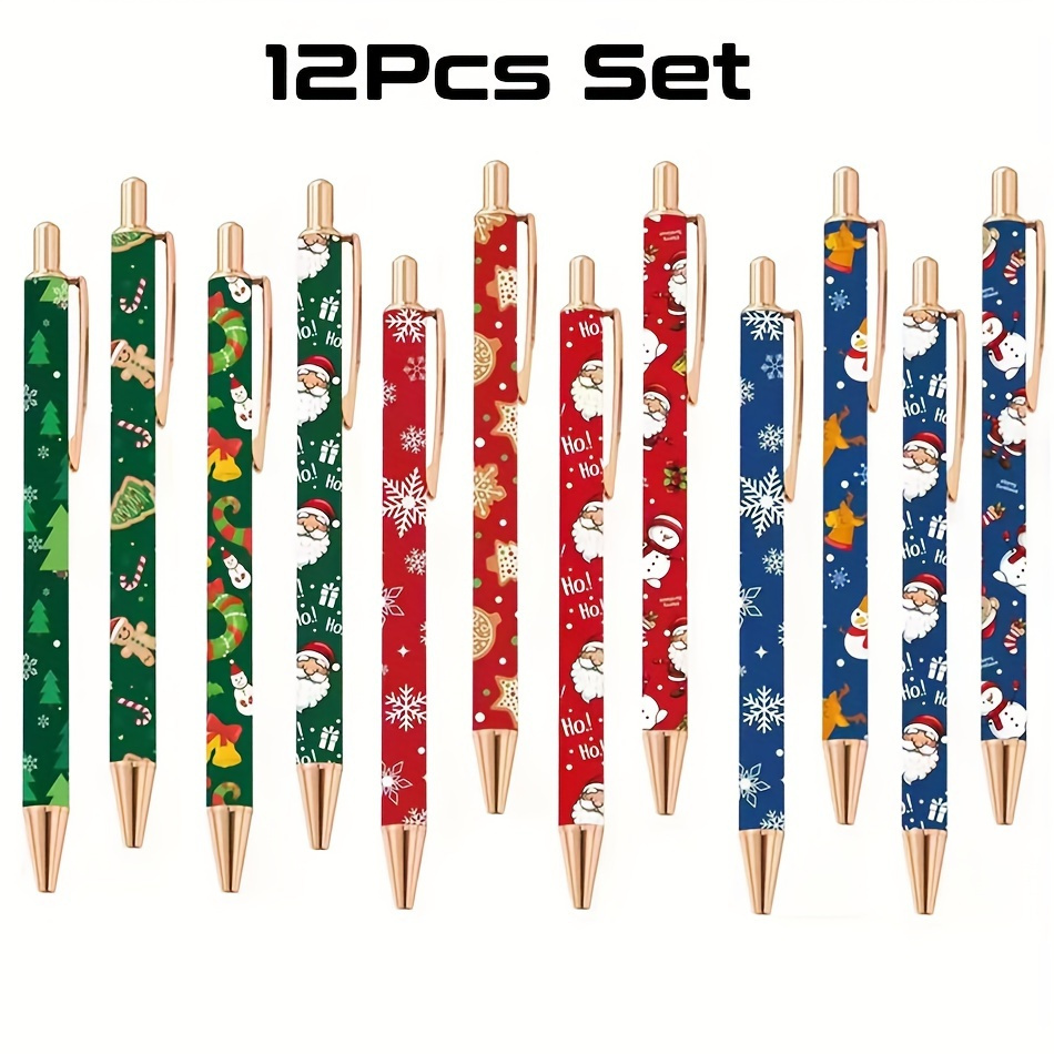 

12-pack Christmas Themed Metal Ballpoint Pens, Pocket Clip, Retractable, Round Tip, Medium Point, Office Writing Supplies