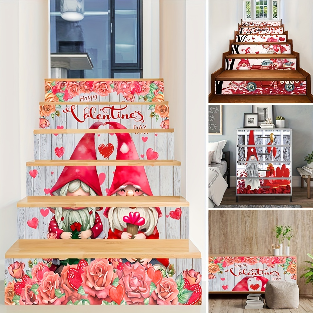 6pcs Red Love Rose, Lovely Dwarf Pattern Stair Sticker, Stair Riser  Stickers, Peel And Stick Removable Decals, Romantic Heart Shaped Balloon  Holiday Decoration Sticker, Removable Tiles Sticker For