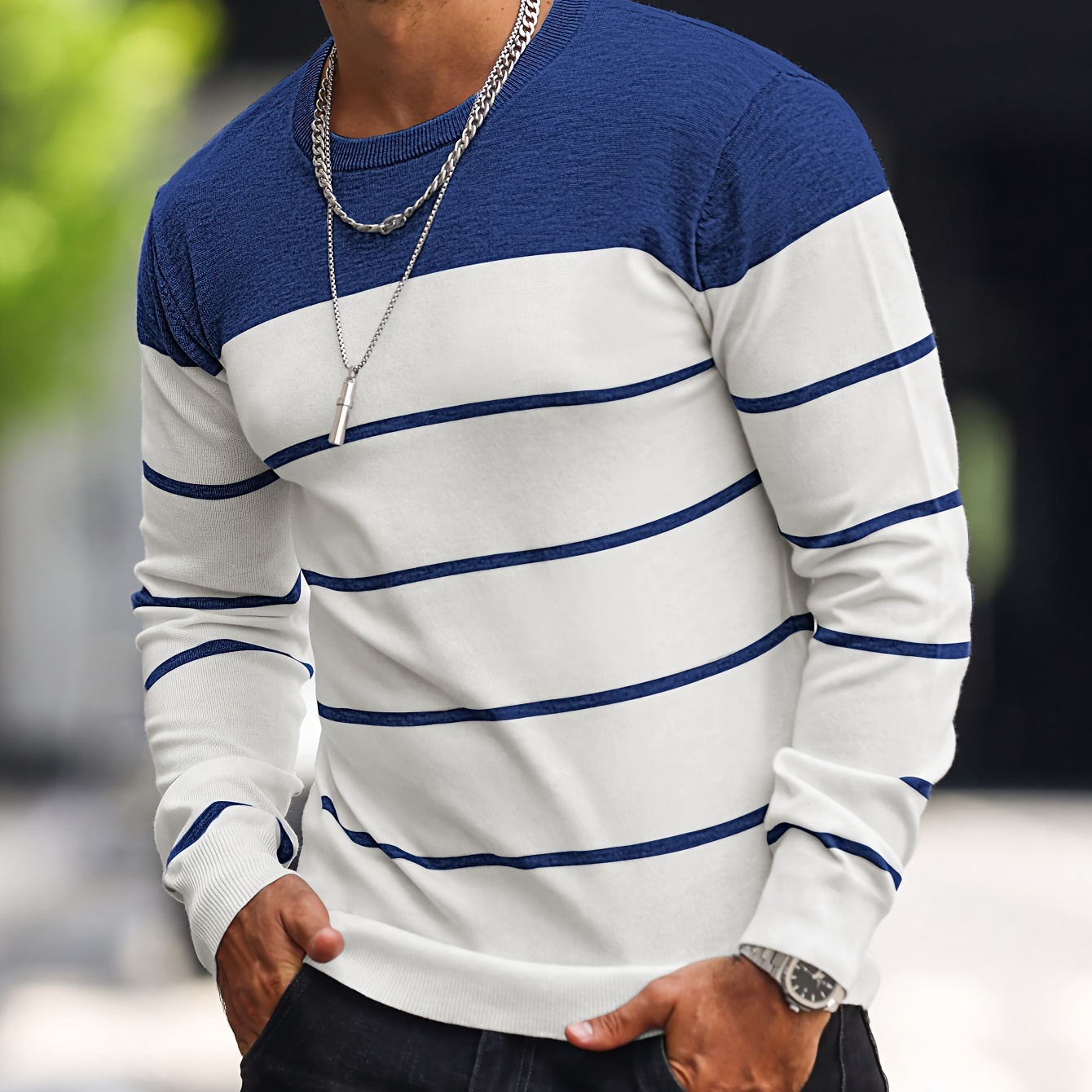 

Men's Striped Knitted Pullover, Casual Long Sleeve Crew Neck Sweater For Fall Spring