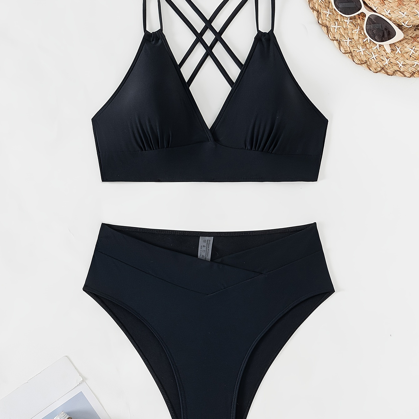 

Criss Cross Tie Back Black 2 Piece Set Bikini, Plain Ruched Stretchy V Neck Swimsuits, Women's Swimwear & Clothing