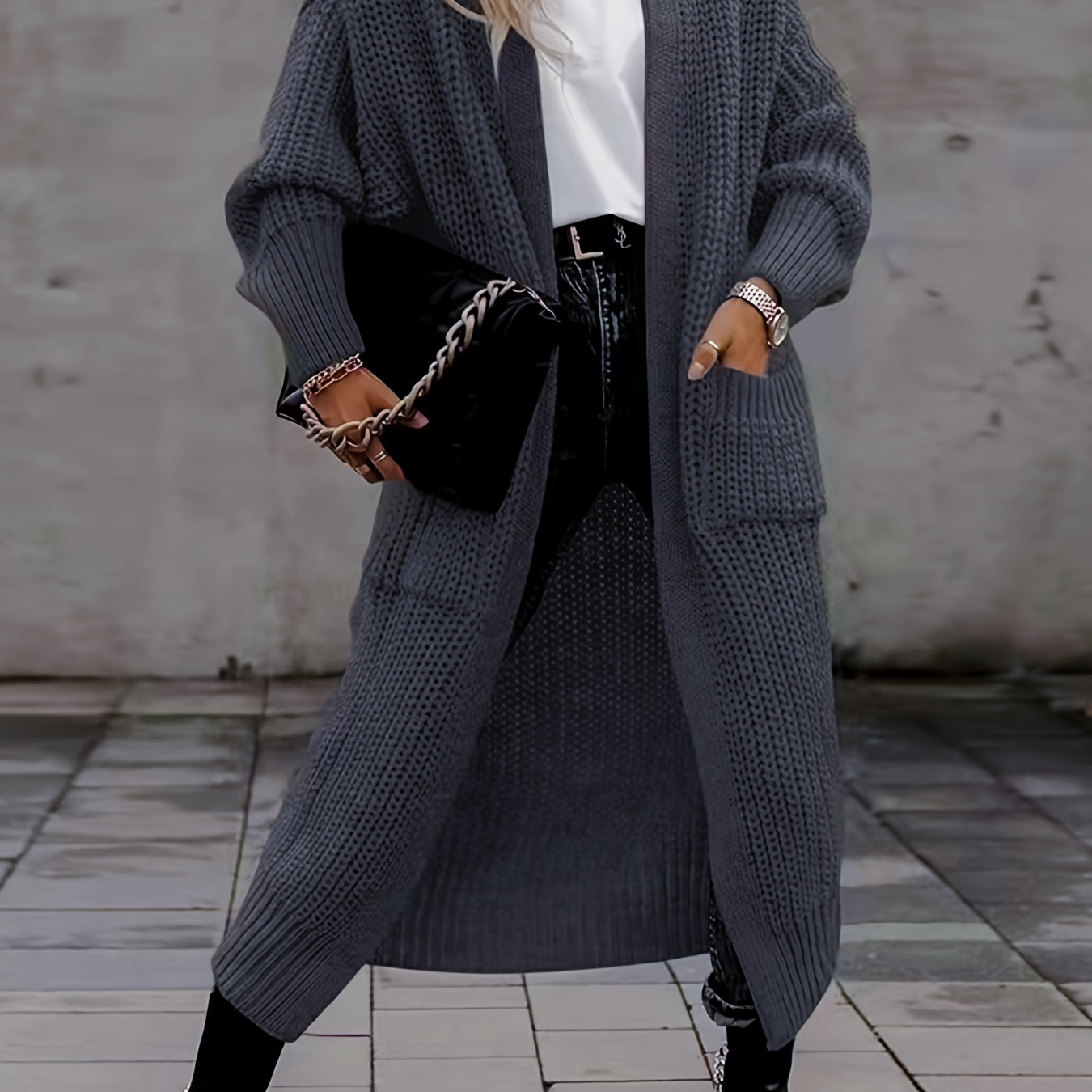 

Plus Size Open Front Solid Cardigan, Casual Long Sleeve Pockets Cardigan, Women's Plus Size clothing