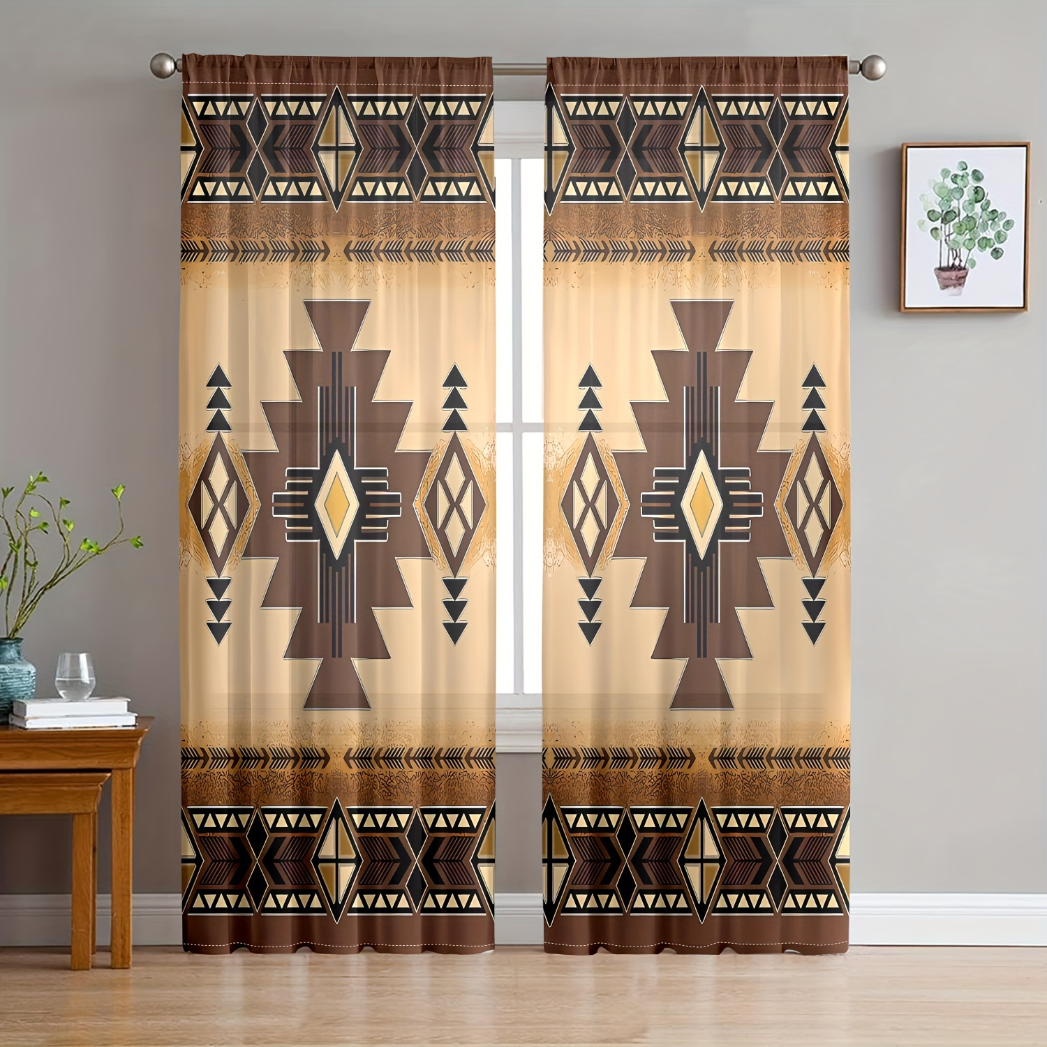 

2-piece Bohemian Chic Aztec Print Curtains - Semi-transparent, Privacy-enhancing Drapes For Living Room & Bedroom, Rod Pocket Design, Machine Washable