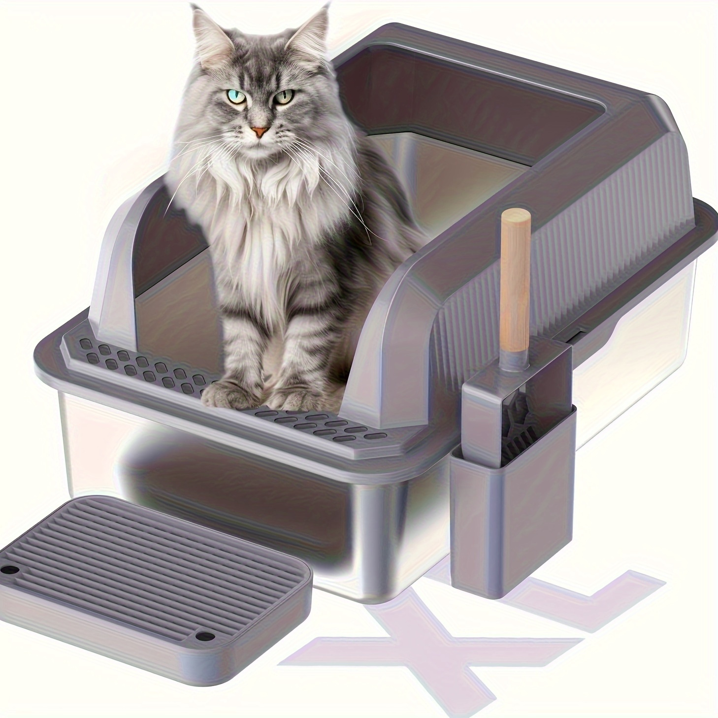 

Extra-large Stainless Steel Cat Litter Box With Lid - Open-top, High-sided, Leak-proof, Easy To Clean, Includes Scoop - Durable Abs & Plastic Construction, Odor-free Design With Separate Base