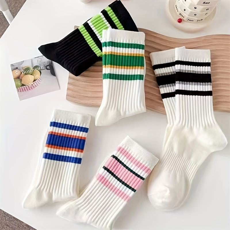 

5 Pairs Striped Print Socks, Sports & Breathable Mid Tube Socks, Women's Stockings & Hosiery