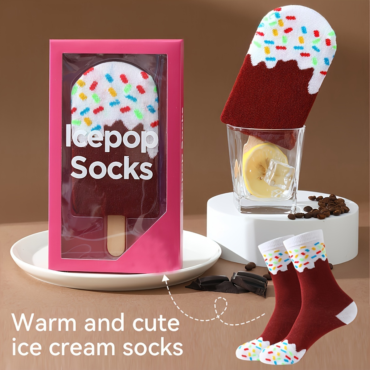 

1 Pair Of Gift Ice Cream Socks - , Polyester Blend, Knit Fabric, Geometric Pattern, Hand Wash Only, Casual Wear, Home, Parties, And Festive Gifts