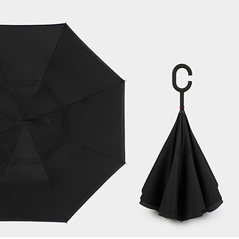 

1pc Inverted Umbrella, Straight Pole Double Layer Hands-free Stand-up Reverse Umbrella, Windproof Windproof Waterproof Straight Umbrella With C Shaped Handle