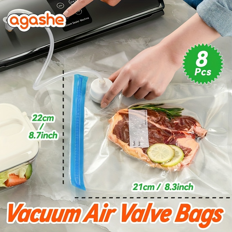 

8pcs Vacuum Air Valve Bag, Food Grade, Meat And Vegetables Fresh-keeping Refrigerated, Household Refrigerator Sealed Storage Bag, Reusable, Food Packaging Bag, Zipper Bags