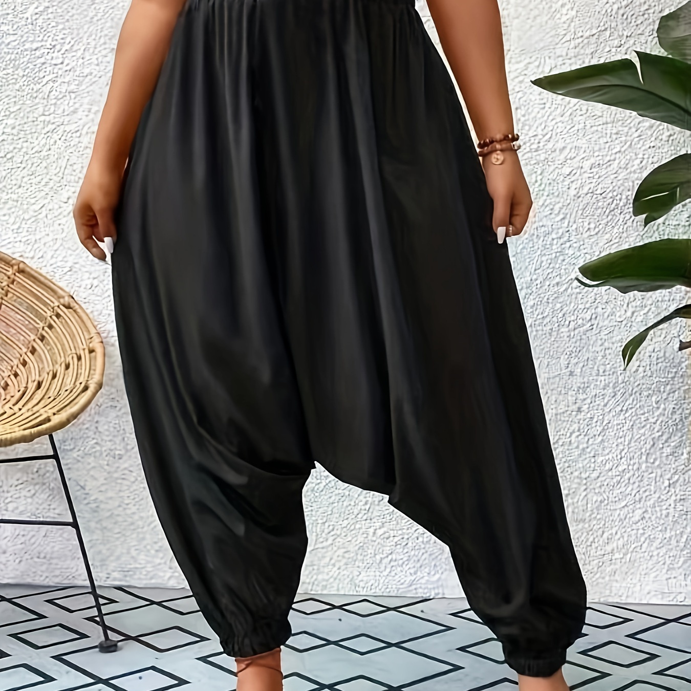 

Plus Size Solid Ruched Baggy Harem Pants, Casual Elastic Waist Pants For Spring & Summer, Women's Plus Size Clothing