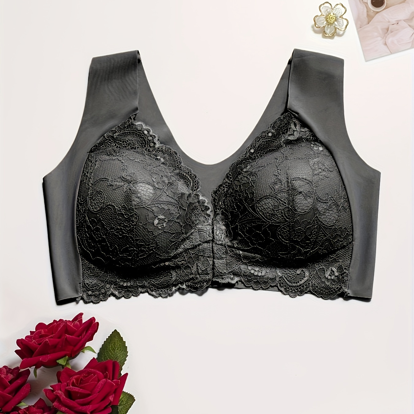 

Simple Solid Contrast Lace Front Buckle Bra, Comfy & Breathable Wireless Push Up Bra, Women's Lingerie & Underwear