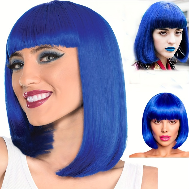 

1pc Women's Blue Bob Wig With Flat Bangs - 12" Straight, High-temperature Fiber, Cap, 180% Density, Synthetic Hair For Cosplay, Halloween, Christmas