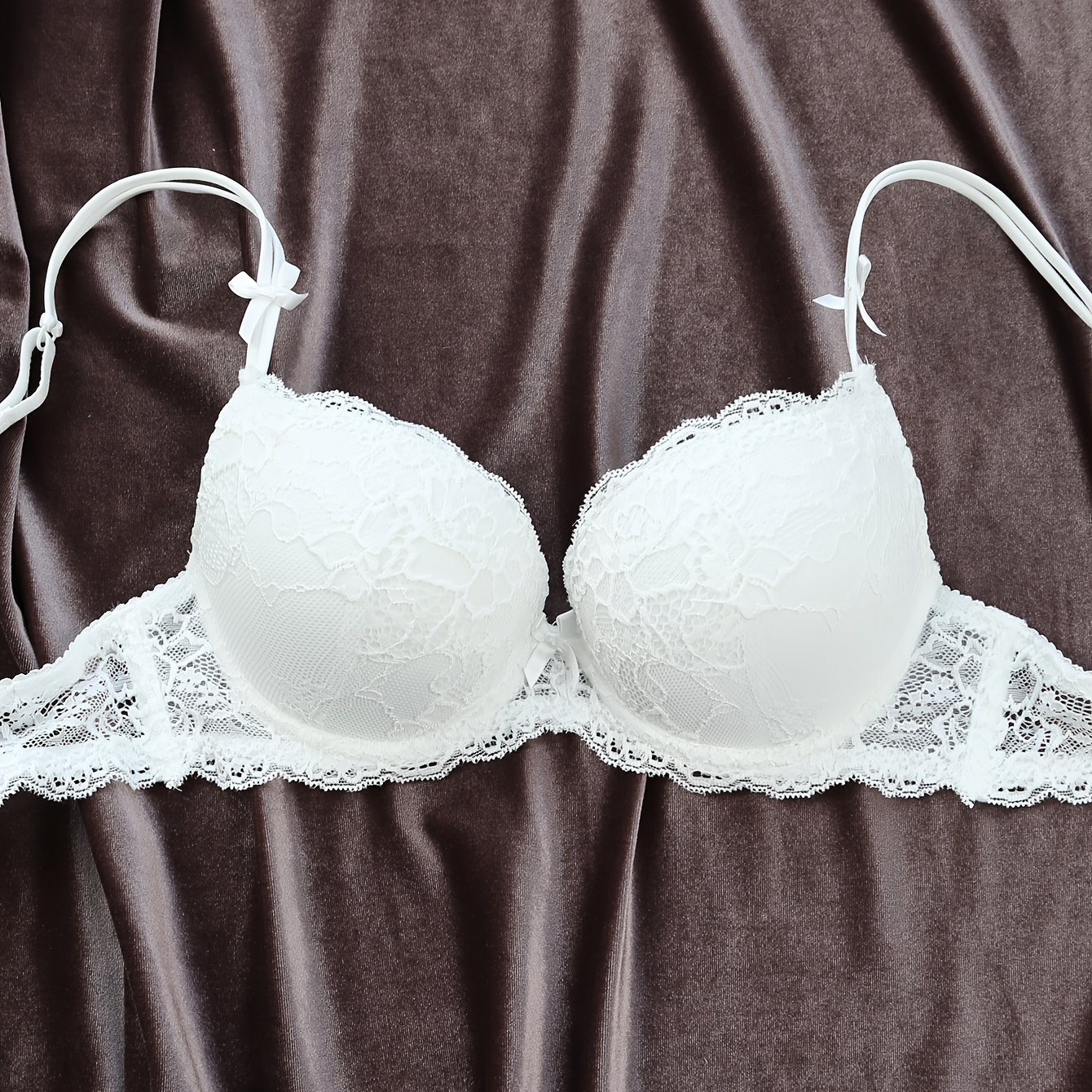 Simple Solid Floral Lace Bow Bra, Comfy & Breathable Push Up Bra, Women's  Lingerie & Underwear