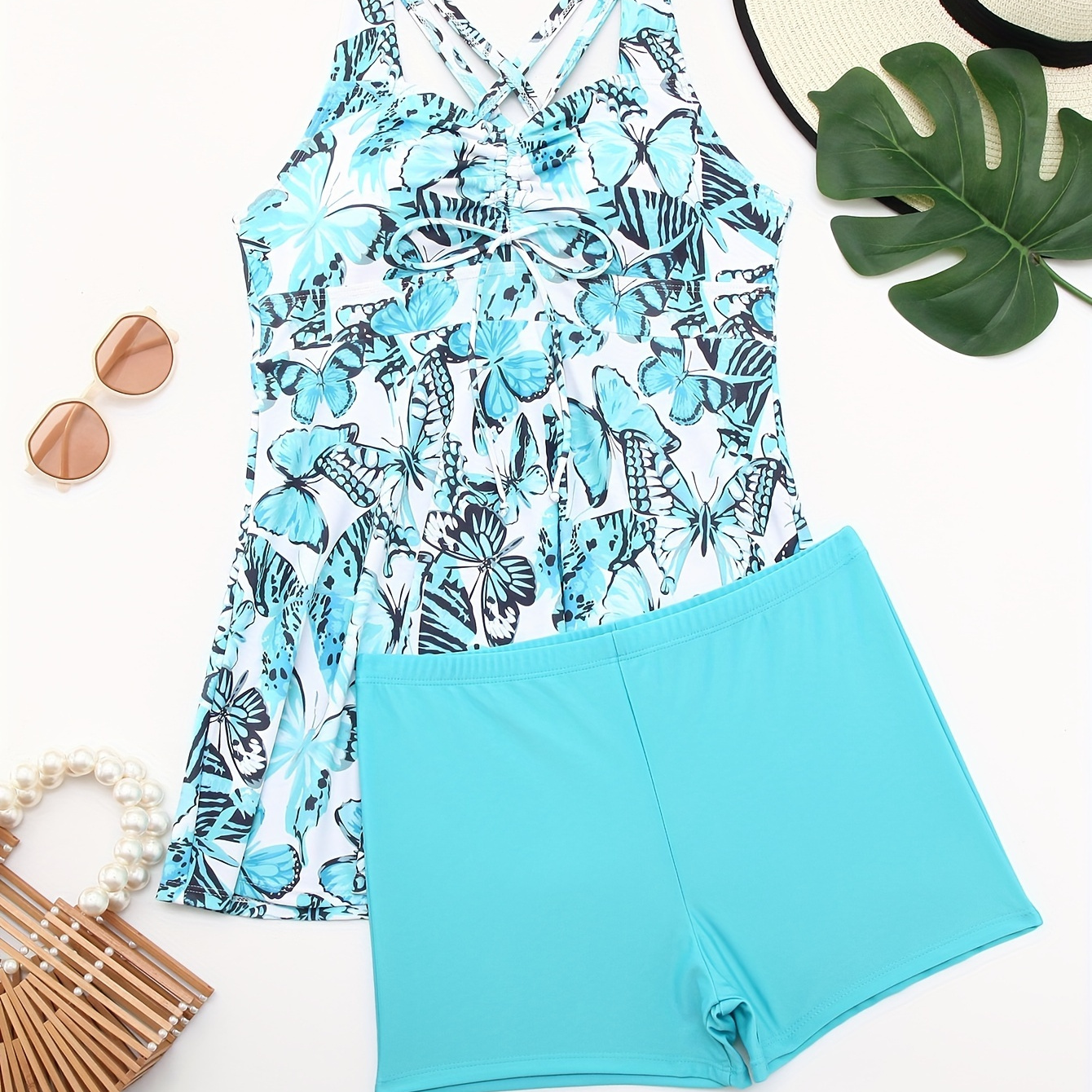 

Butterfly Print Criss Cross Strappy 2 Piece Set Tankini, Drawstring Medium Stretch V Neck Swimsuits, Women's Swimwear & Clothing